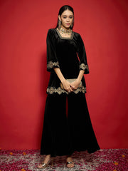 Women Black Velvet Embroidered Glass Neck Short Kurta With Palazzo Pants-SHKUR00502_SHPAN51057