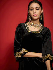 Women Black Velvet Embroidered Glass Neck Short Kurta With Palazzo Pants-SHKUR00502_SHPAN51057