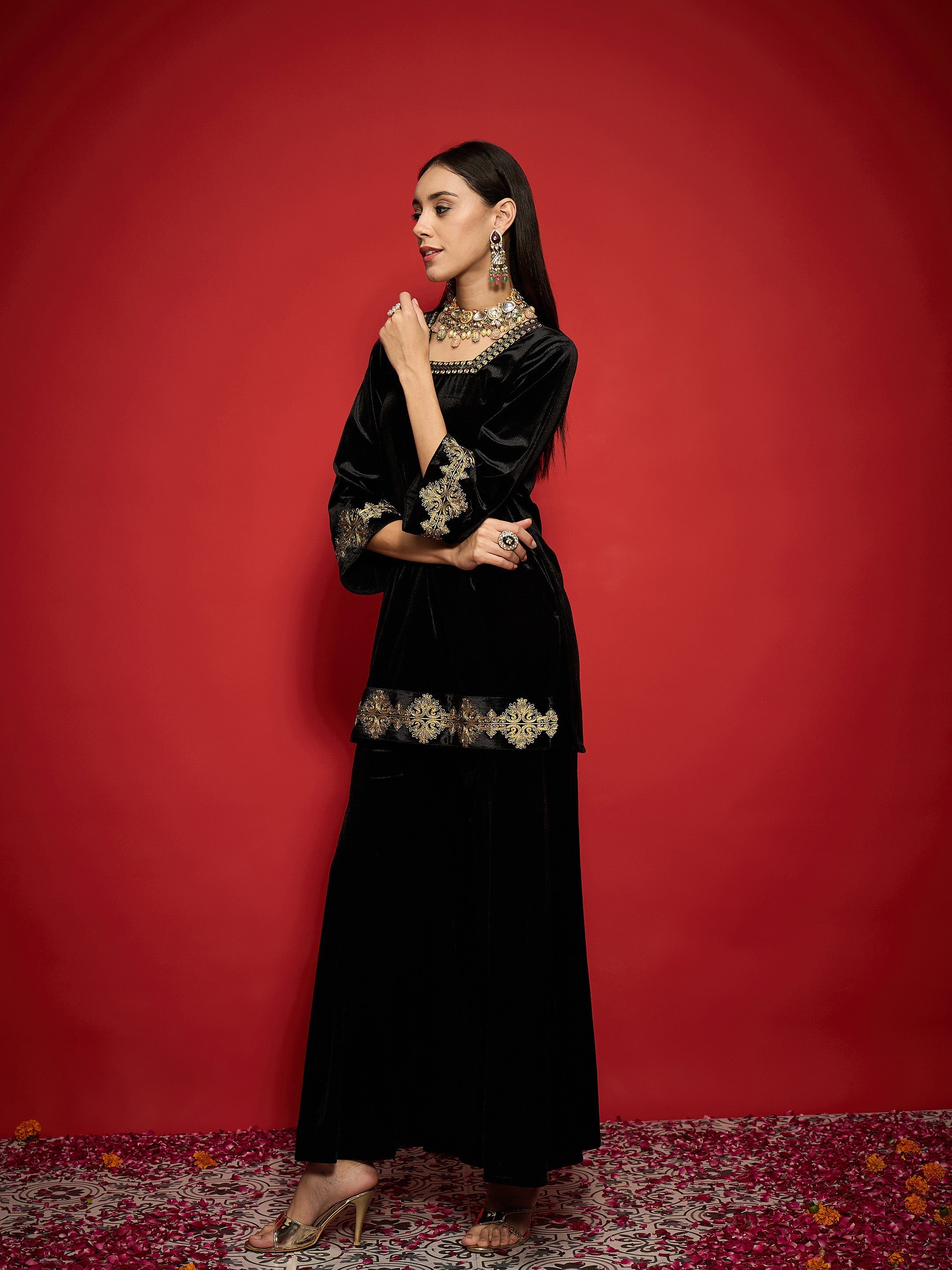 Women Black Velvet Embroidered Glass Neck Short Kurta With Palazzo Pants-SHKUR00502_SHPAN51057