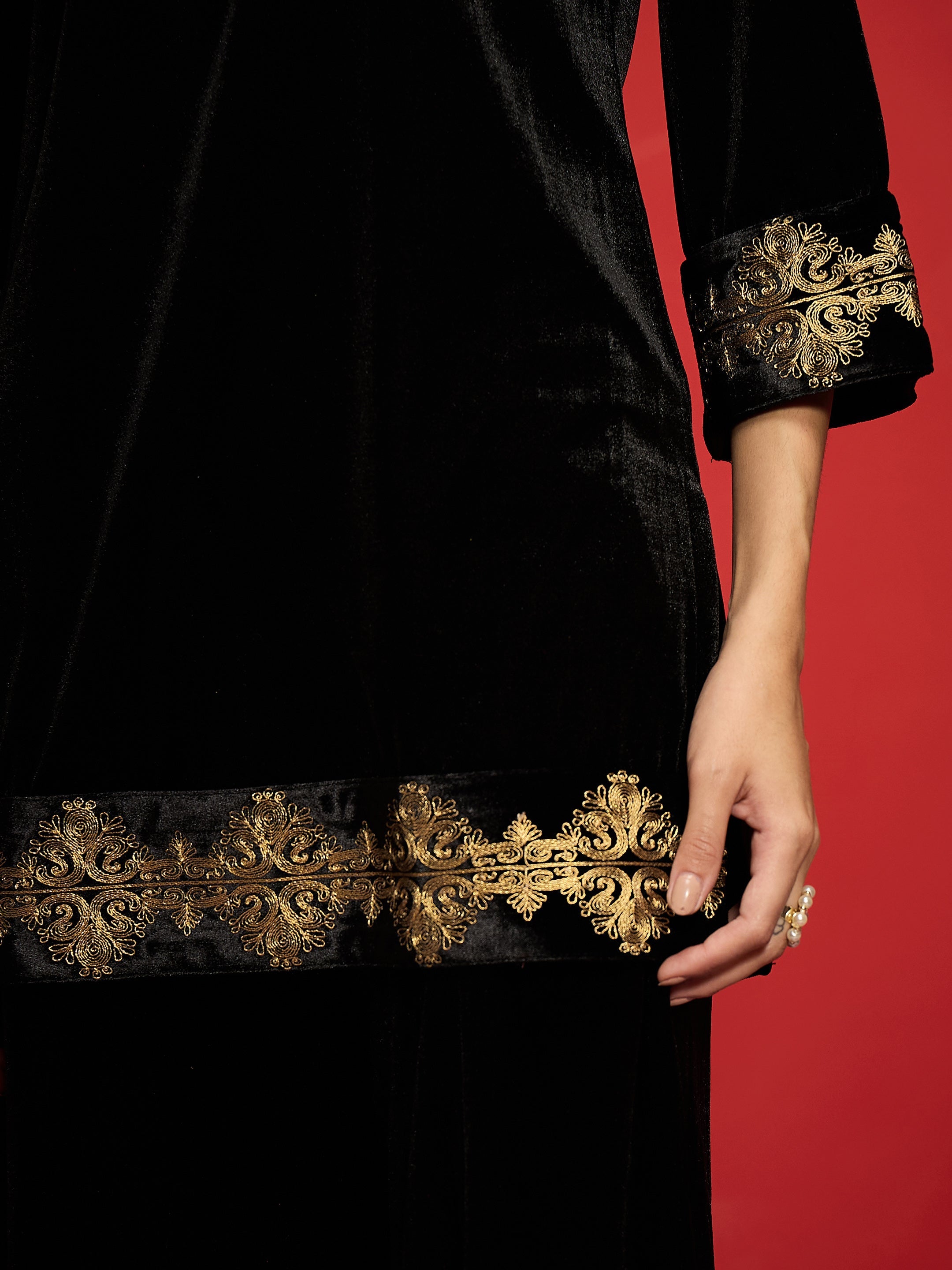 Women Black Velvet Embroidered Glass Neck Short Kurta With Palazzo Pants-SHKUR00502_SHPAN51057