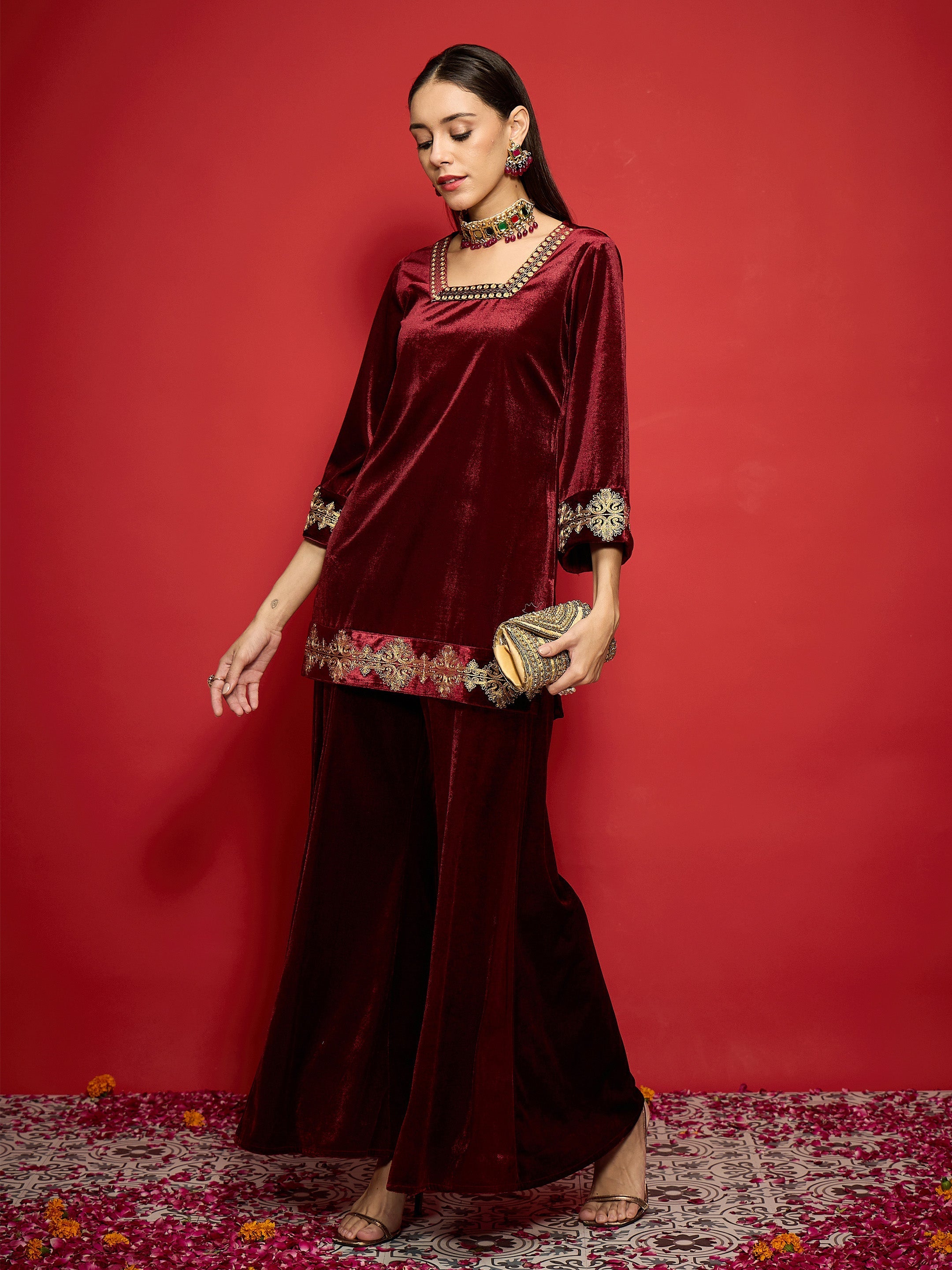 Women Maroon Velvet Embroidered Glass Neck Short Kurta With Palazzo Pants-SHKUR00503_SHPAN51056