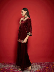 Women Maroon Velvet Embroidered Glass Neck Short Kurta With Palazzo Pants-SHKUR00503_SHPAN51056