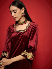 Women Maroon Velvet Embroidered Glass Neck Short Kurta With Palazzo Pants-SHKUR00503_SHPAN51056