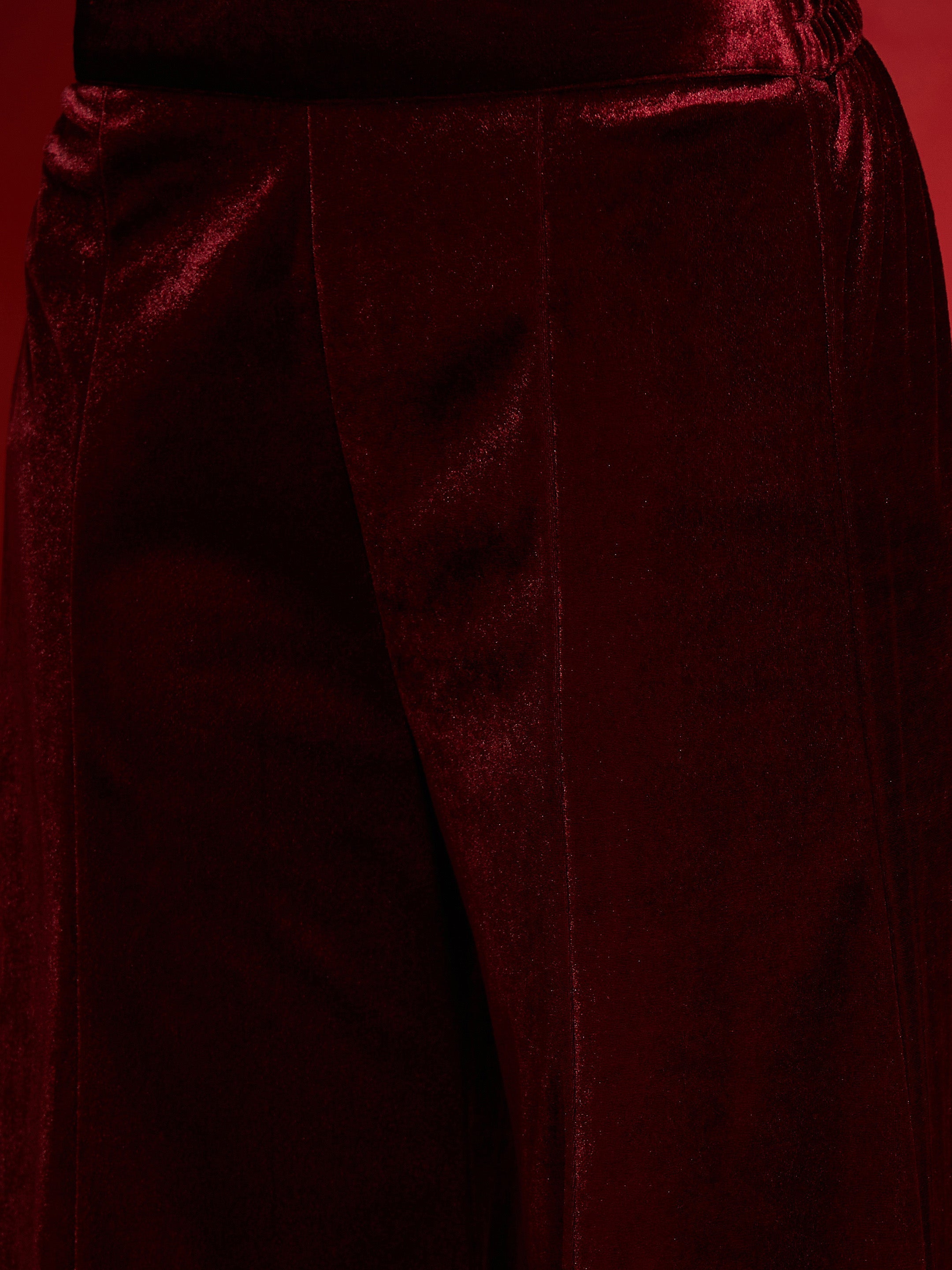 Women Maroon Velvet Embroidered Glass Neck Short Kurta With Palazzo Pants-SHKUR00503_SHPAN51056