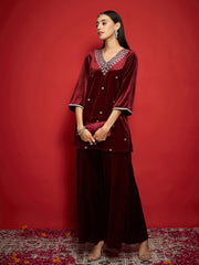 Women Maroon Velvet Embroidered Short Kurta With Palazzo-SHKUR00504_SHPAN51056