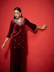 Women Maroon Velvet Embroidered Short Kurta With Palazzo-SHKUR00504_SHPAN51056