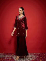 Women Maroon Velvet Embroidered Short Kurta With Palazzo-SHKUR00504_SHPAN51056