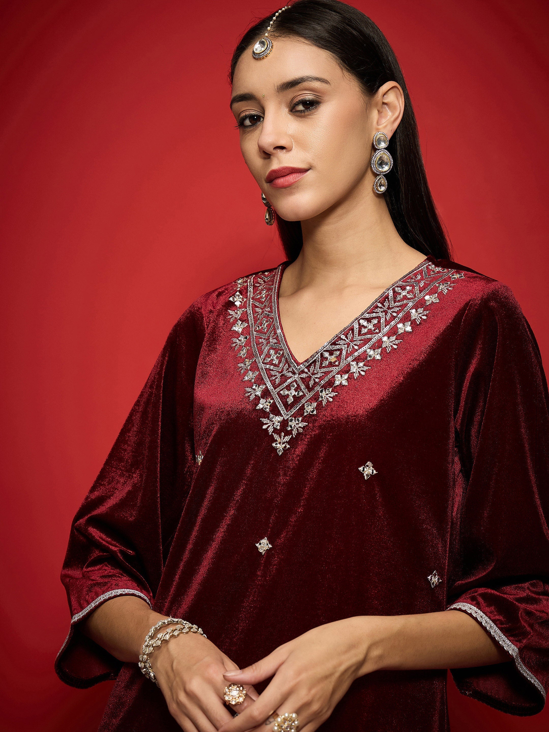 Women Maroon Velvet Embroidered Short Kurta With Palazzo-SHKUR00504_SHPAN51056