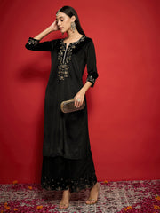 Women Black Velvet Zari Embroidered Round Neck Straight Kurta-SHKUR00505
