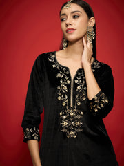 Women Black Velvet Zari Embroidered Round Neck Straight Kurta-SHKUR00505