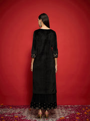 Women Black Velvet Zari Embroidered Round Neck Straight Kurta-SHKUR00505