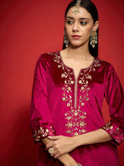 Women Fuchsia Velvet Zari Embroidered Round Neck Straight Kurta-SHKUR00506