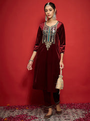 Women Maroon Velvet Front Embroidered Straight Kurta With Straight Pants-SHKUR35001_SHPAN50989