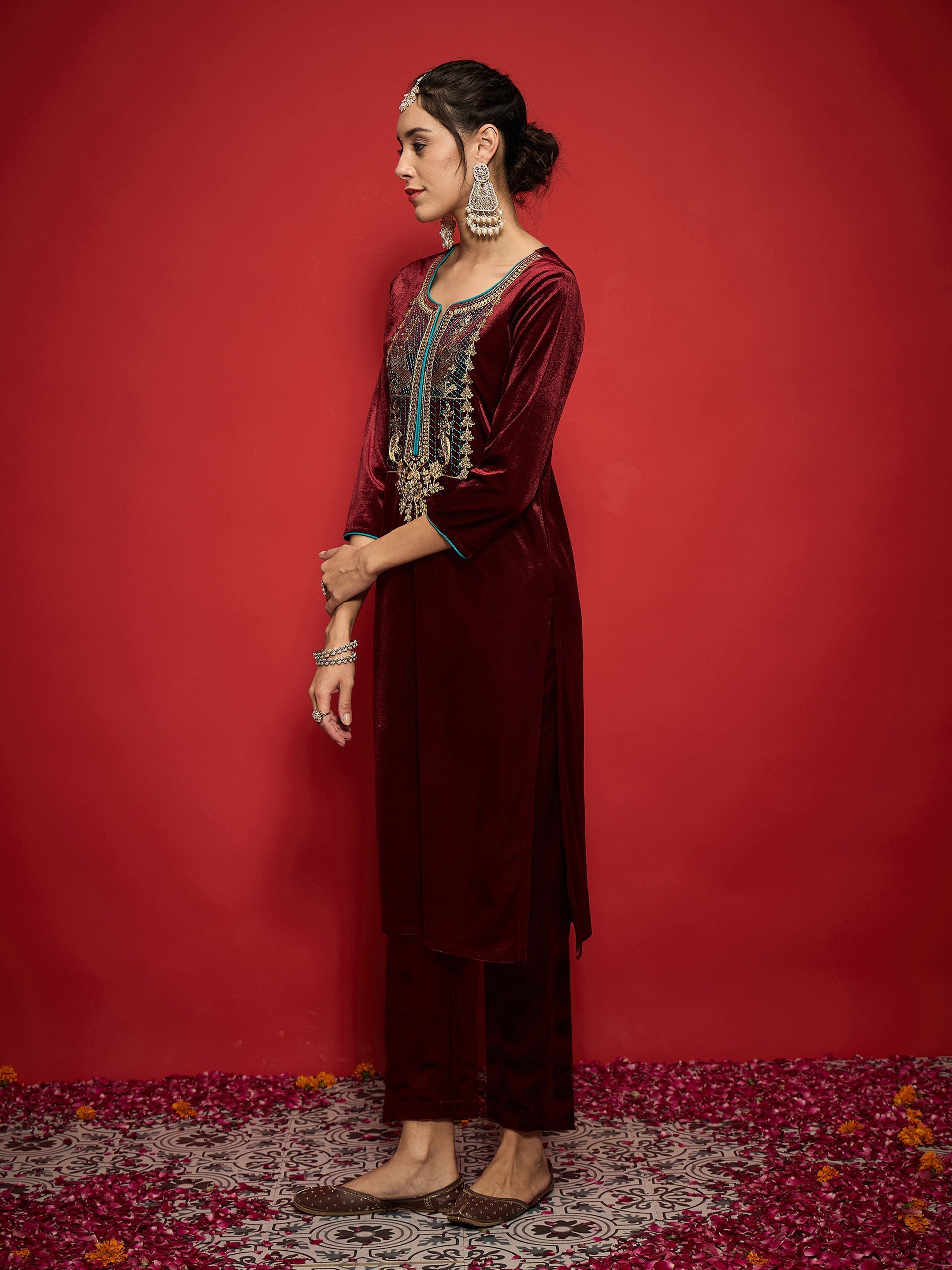 Women Maroon Velvet Front Embroidered Straight Kurta With Straight Pants-SHKUR35001_SHPAN50989