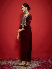 Women Maroon Velvet Front Embroidered Straight Kurta With Straight Pants-SHKUR35001_SHPAN50989