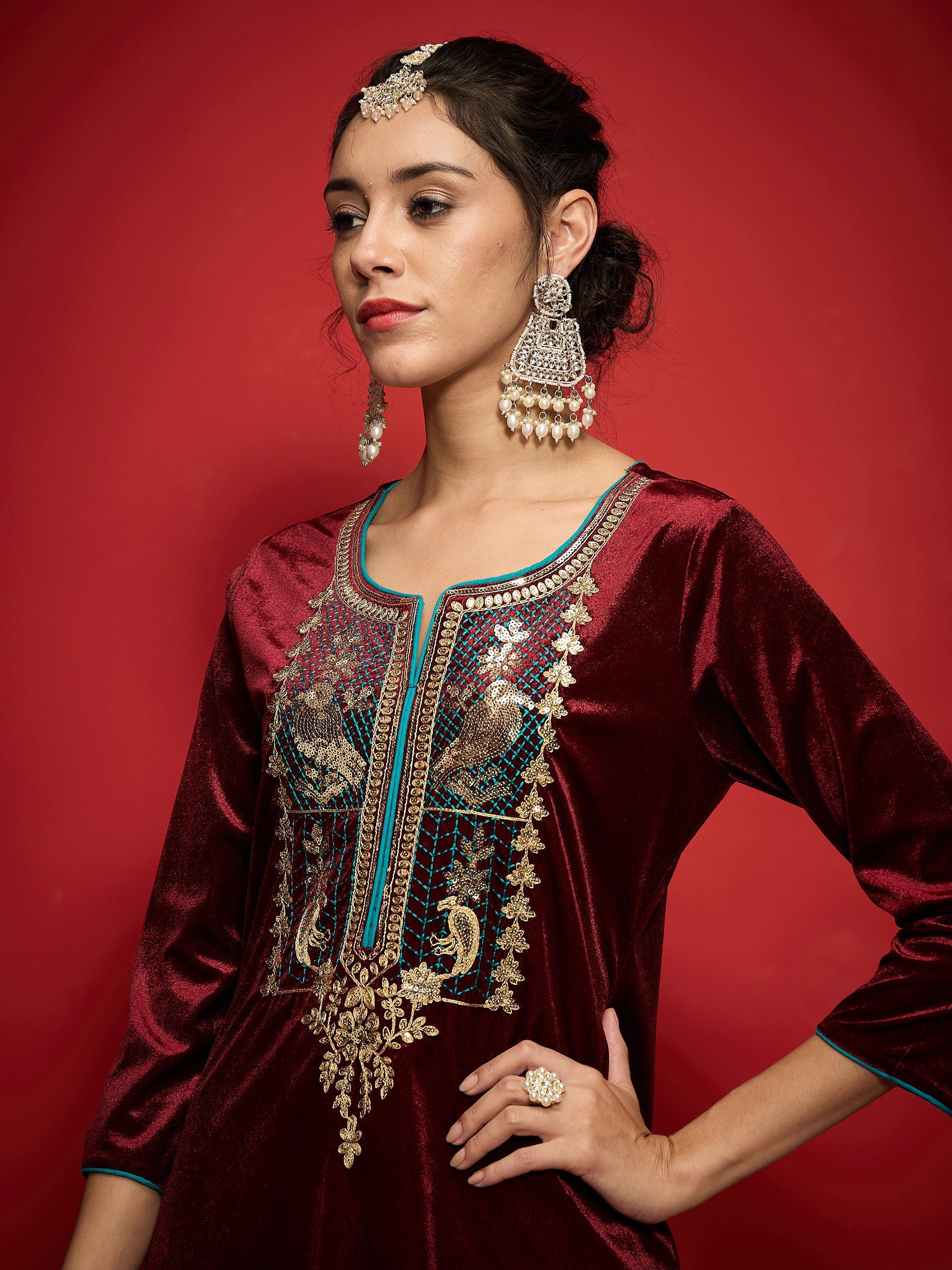 Women Maroon Velvet Front Embroidered Straight Kurta With Straight Pants-SHKUR35001_SHPAN50989