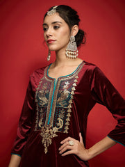 Women Maroon Velvet Front Embroidered Straight Kurta With Straight Pants-SHKUR35001_SHPAN50989