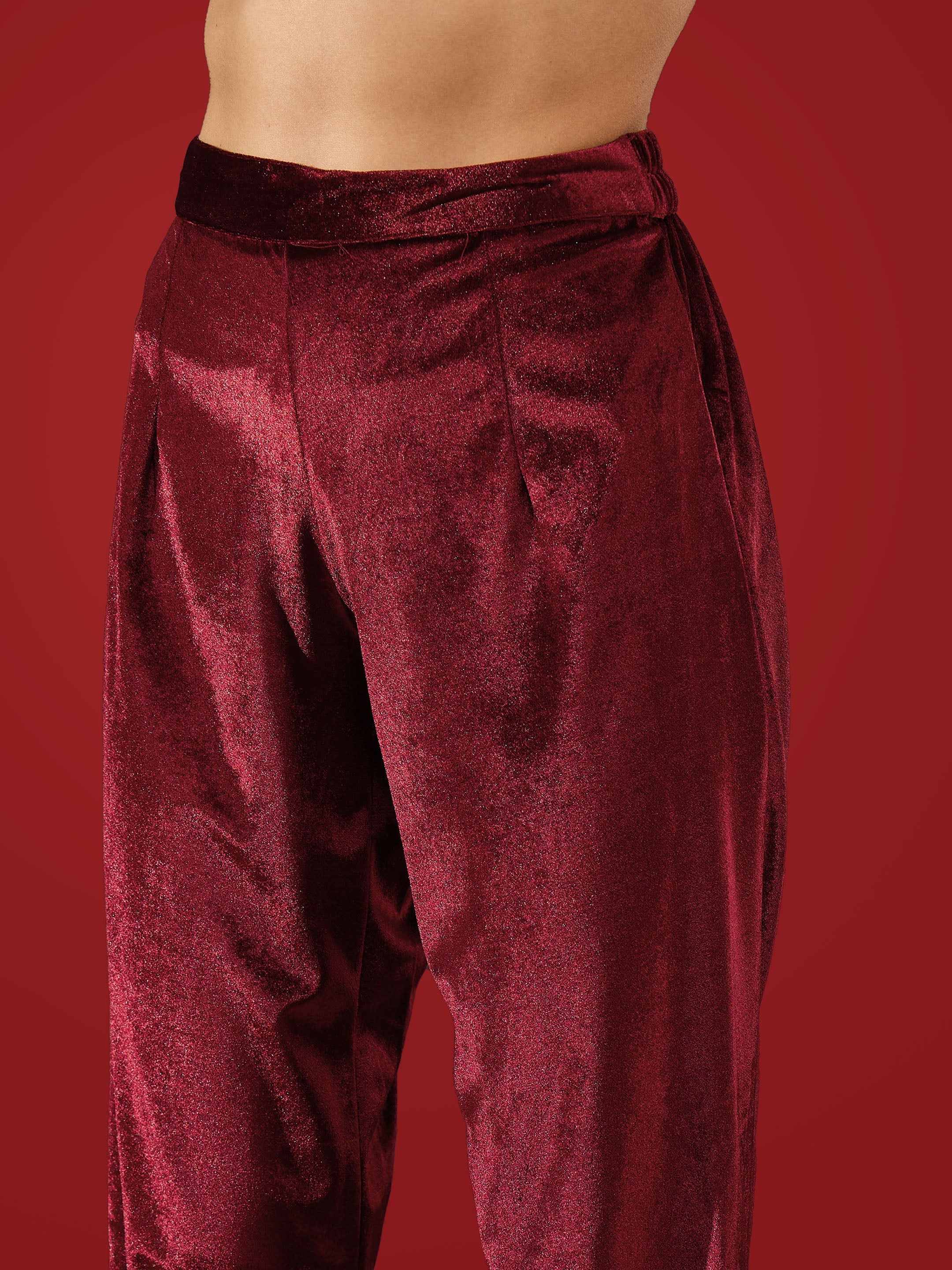 Women Maroon Velvet Front Embroidered Straight Kurta With Straight Pants-SHKUR35001_SHPAN50989