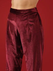 Women Maroon Velvet Front Embroidered Straight Kurta With Straight Pants-SHKUR35001_SHPAN50989