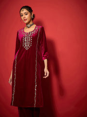Women Fuchsia Velvet Embroidered Round Neck Kurta-SHKUR35003