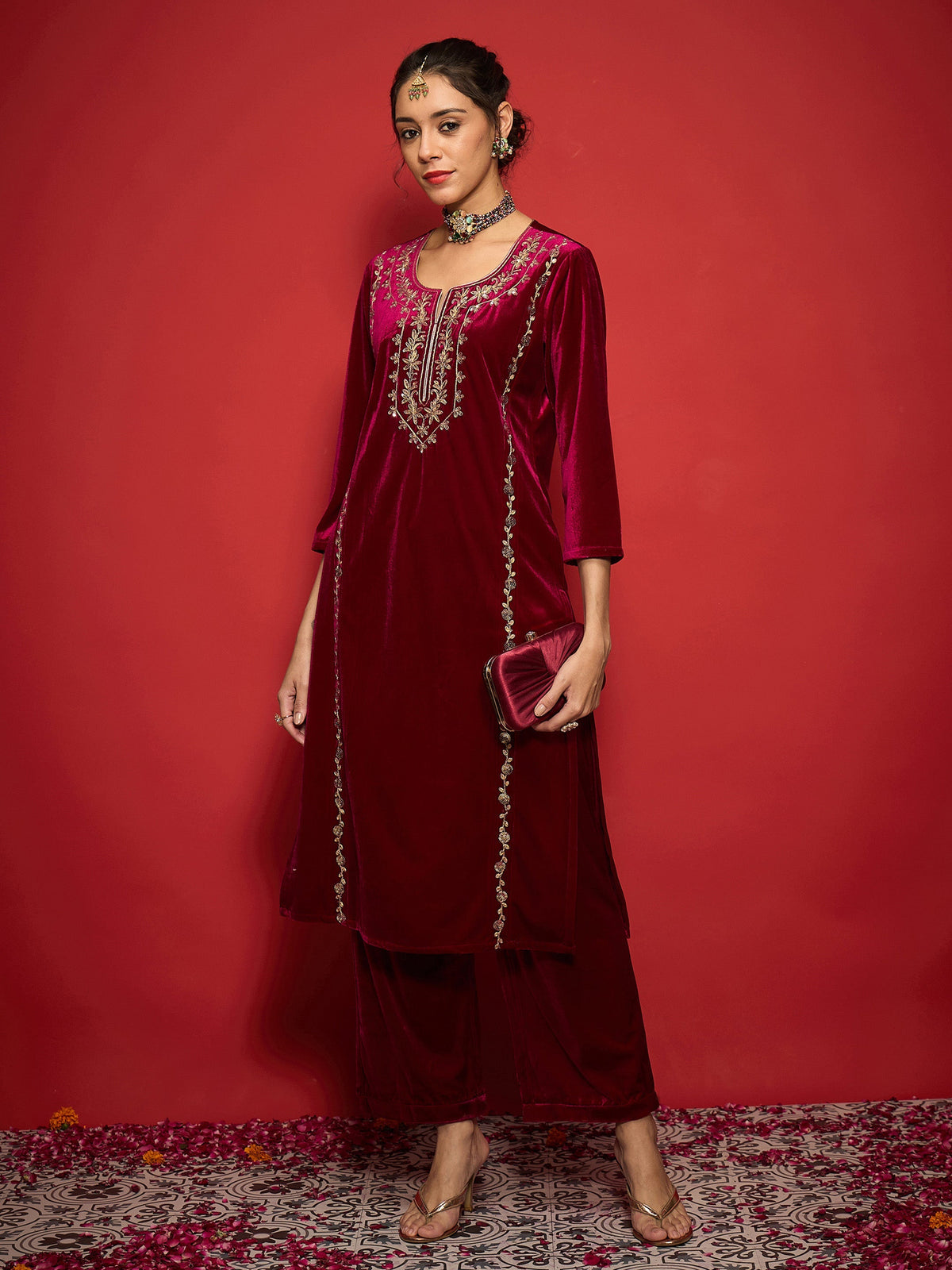 Women Fuchsia Velvet Embroidered Round Neck Kurta With Straight Pants-SHKUR35003_SHPAN50988