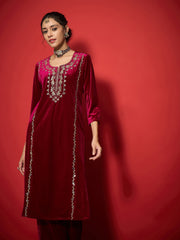 Women Fuchsia Velvet Embroidered Round Neck Kurta With Straight Pants-SHKUR35003_SHPAN50988