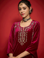 Women Fuchsia Velvet Embroidered Round Neck Kurta With Straight Pants-SHKUR35003_SHPAN50988