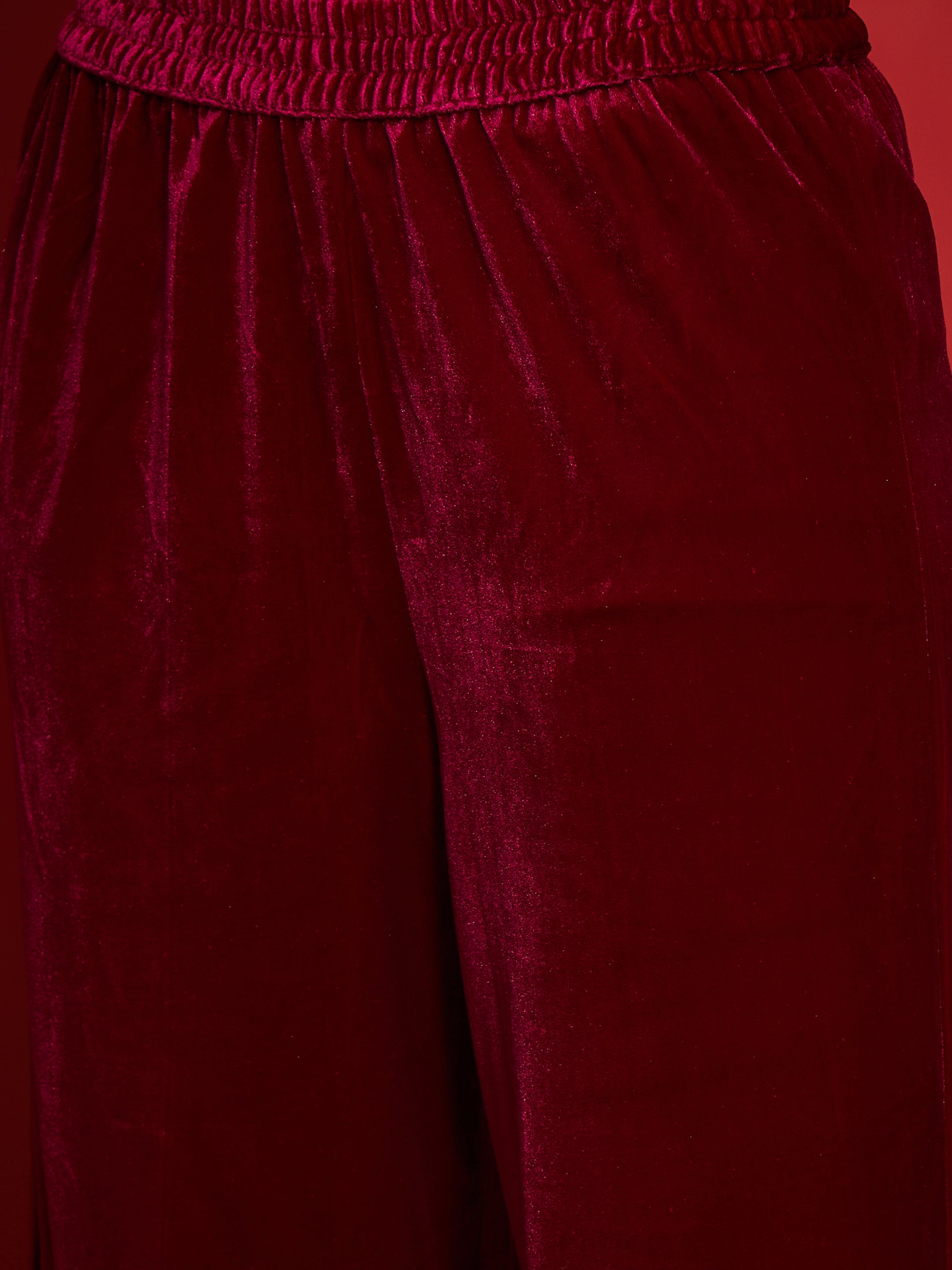 Women Fuchsia Velvet Embroidered Round Neck Kurta With Straight Pants-SHKUR35003_SHPAN50988