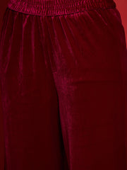 Women Fuchsia Velvet Embroidered Round Neck Kurta With Straight Pants-SHKUR35003_SHPAN50988