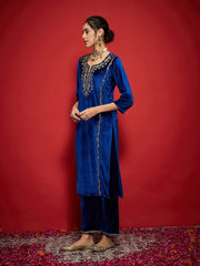 Women Royal Blue Velvet Embroidered Round Neck Kurta-SHKUR35004