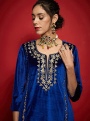 Women Royal Blue Velvet Embroidered Round Neck Kurta-SHKUR35004