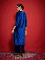 Women Royal Blue Velvet Embroidered Round Neck Kurta-SHKUR35004