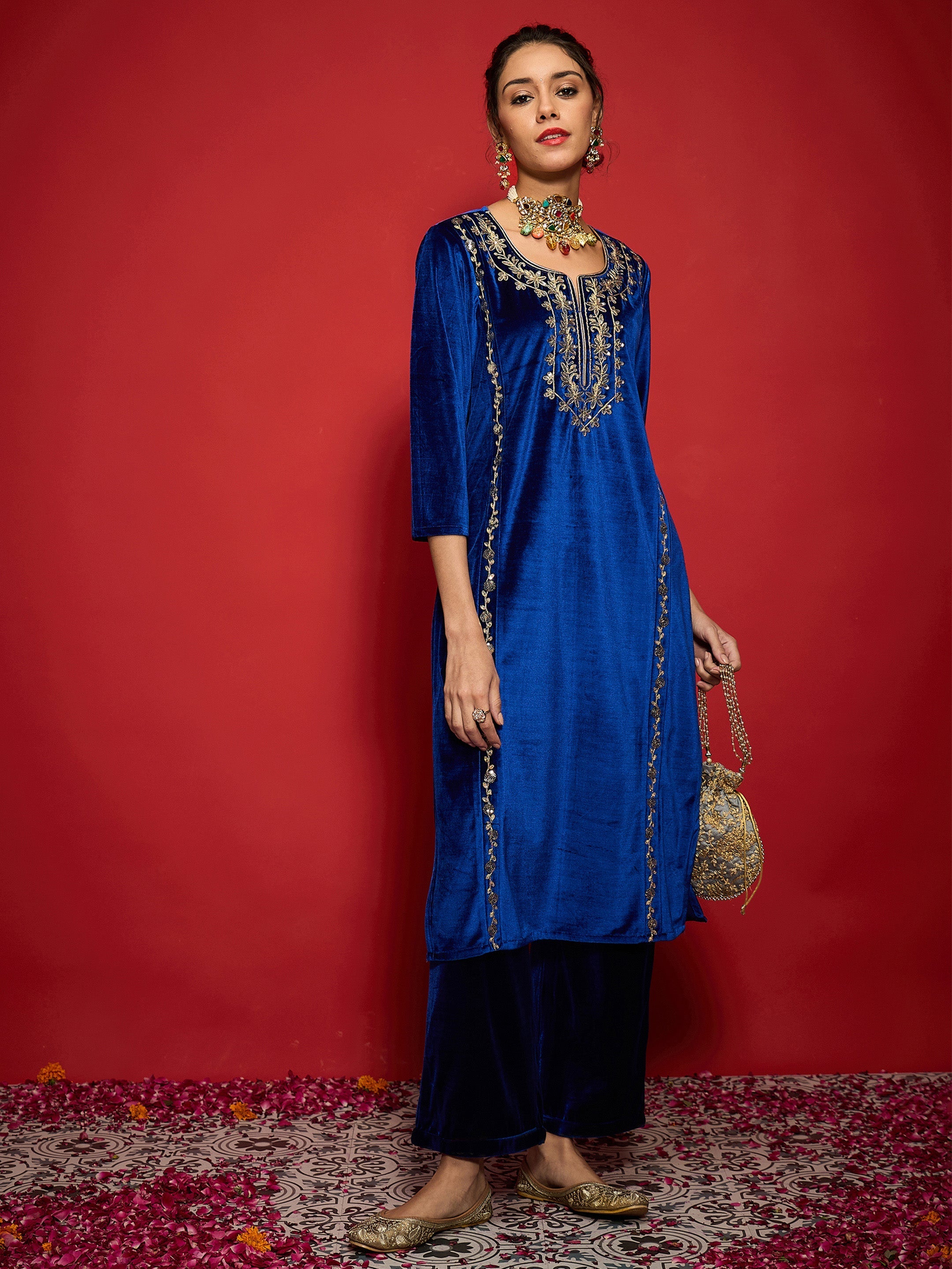 Women Royal Blue Velvet Embroidered Round Neck Kurta With Straight Pants-SHKUR35004_SHPANT50946