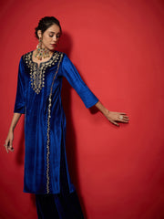 Women Royal Blue Velvet Embroidered Round Neck Kurta With Straight Pants-SHKUR35004_SHPANT50946