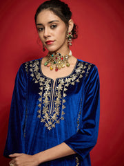Women Royal Blue Velvet Embroidered Round Neck Kurta With Straight Pants-SHKUR35004_SHPANT50946