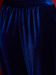 Women Royal Blue Velvet Embroidered Round Neck Kurta With Straight Pants-SHKUR35004_SHPANT50946