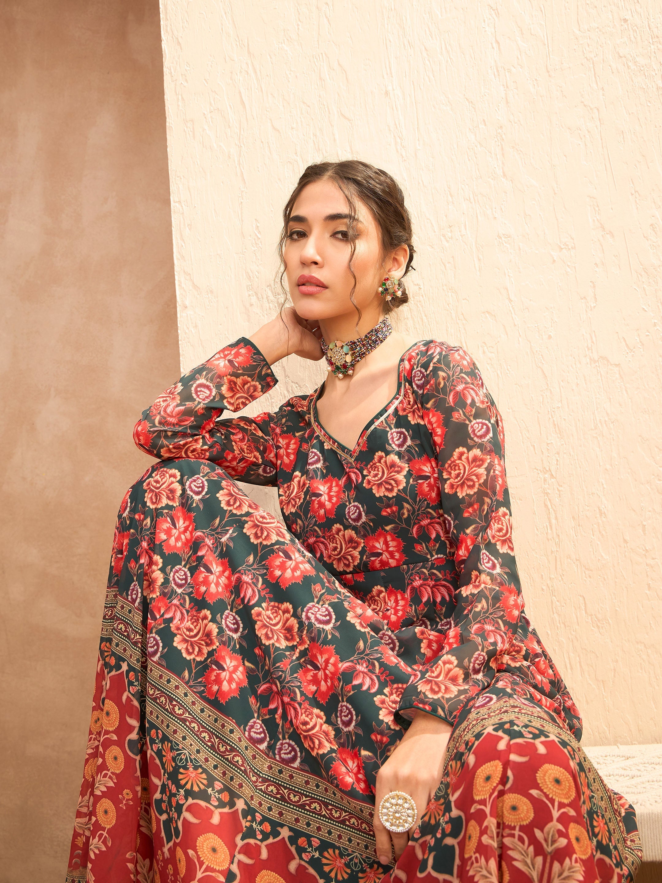 Women Green Floral Sweetheart Neck Anarkali Kurta-SHKUR35006