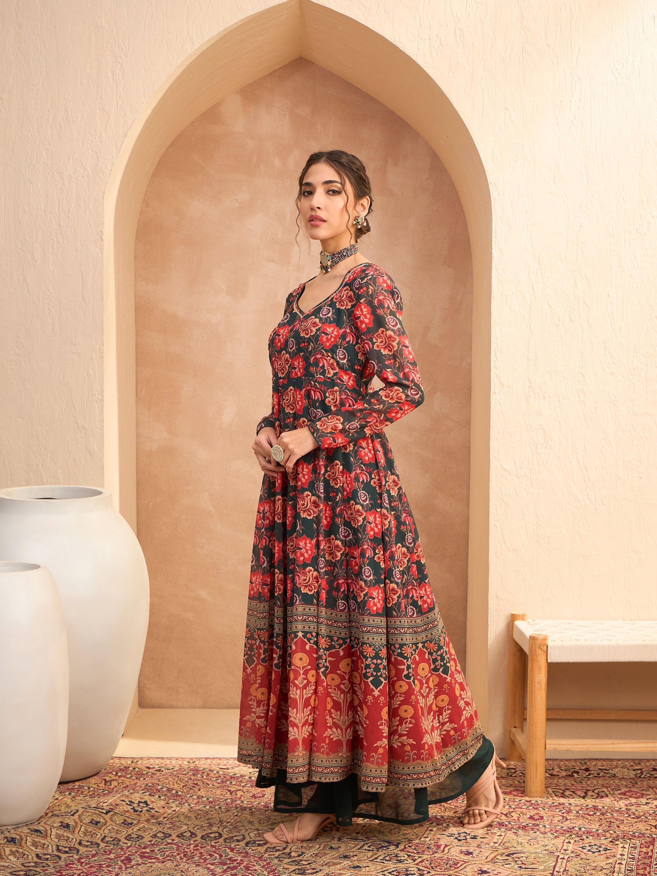 Women Green Floral Sweetheart Neck Anarkali Kurta-SHKUR35006