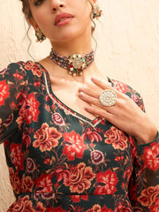 Women Green Floral Sweetheart Neck Anarkali Kurta-SHKUR35006
