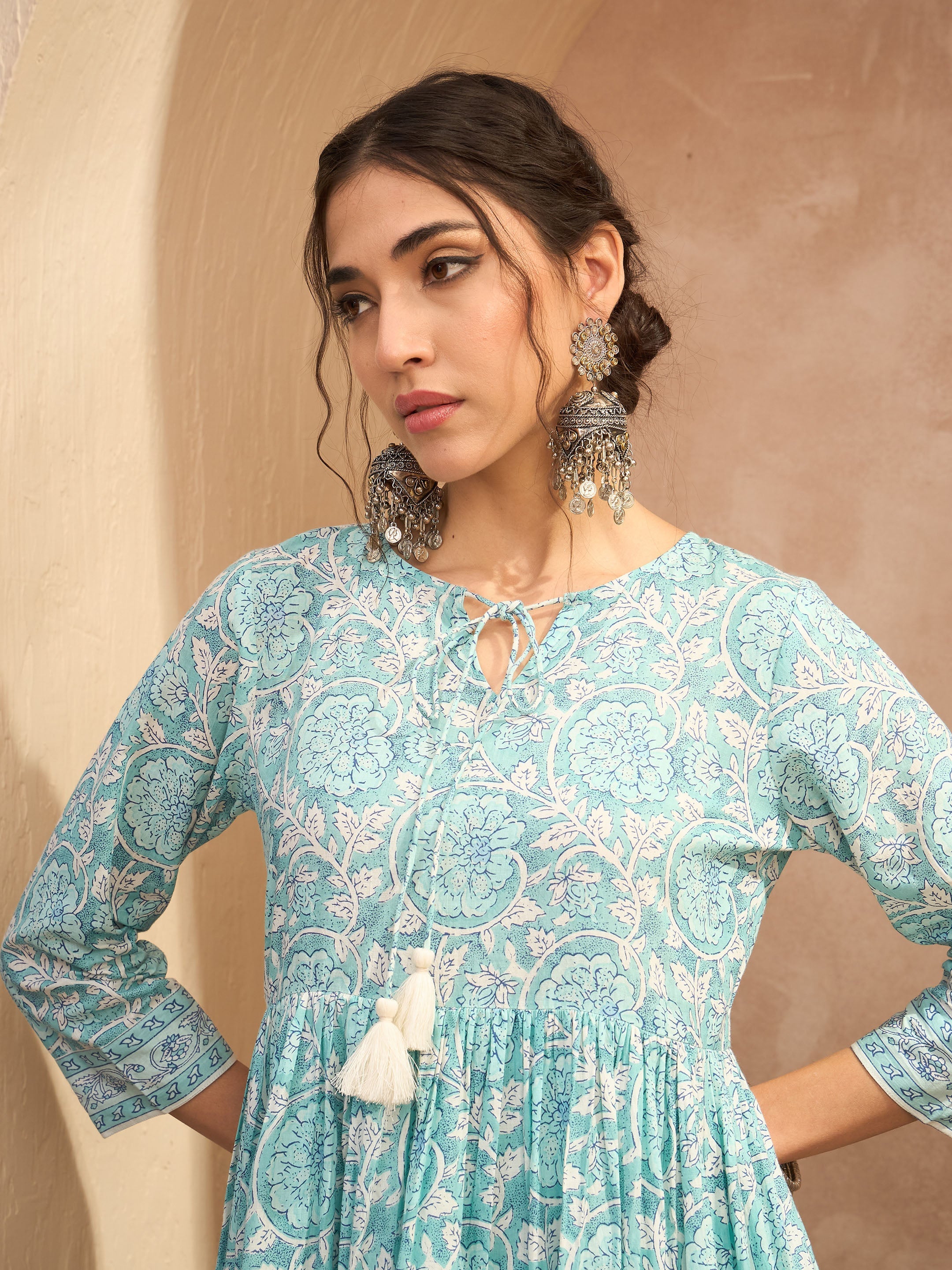 Women Blue Floral Front Dori Gathered Kurta-SHKUR35010