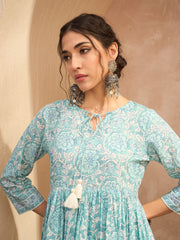 Women Blue Floral Front Dori Gathered Kurta-SHKUR35010