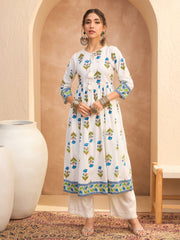 Women White Floral Front Dori Gathered Kurta-SHKUR35011