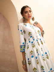 Women White Floral Front Dori Gathered Kurta-SHKUR35011