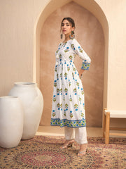 Women White Floral Front Dori Gathered Kurta-SHKUR35011