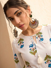 Women White Floral Front Dori Gathered Kurta-SHKUR35011