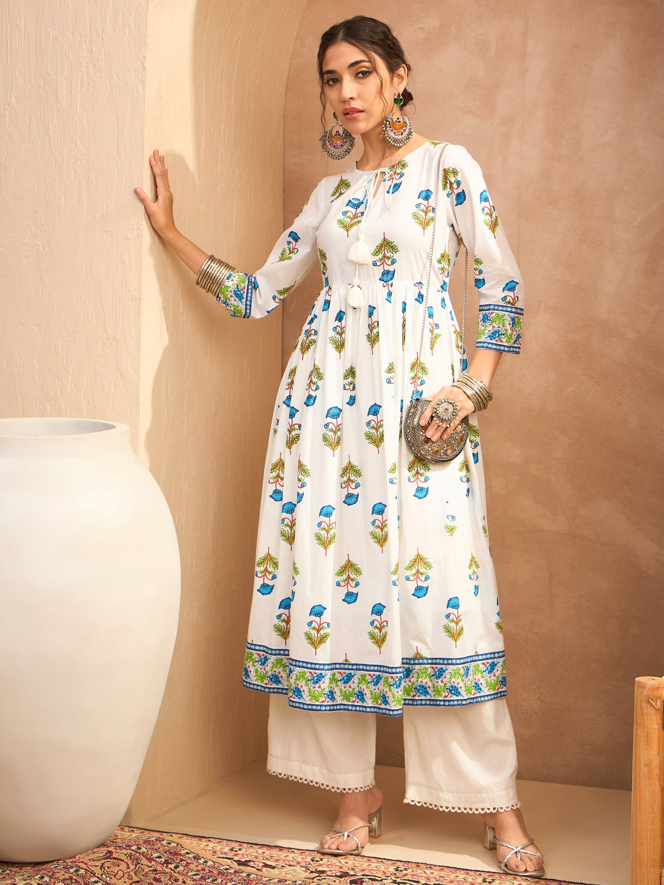 Women White Floral Front Dori Gathered Kurta With Straight Pants-SHKUR35011_SHPAN51179