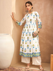 Women White Floral Front Dori Gathered Kurta With Straight Pants-SHKUR35011_SHPAN51179