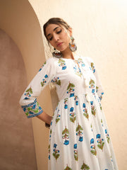 Women White Floral Front Dori Gathered Kurta With Straight Pants-SHKUR35011_SHPAN51179
