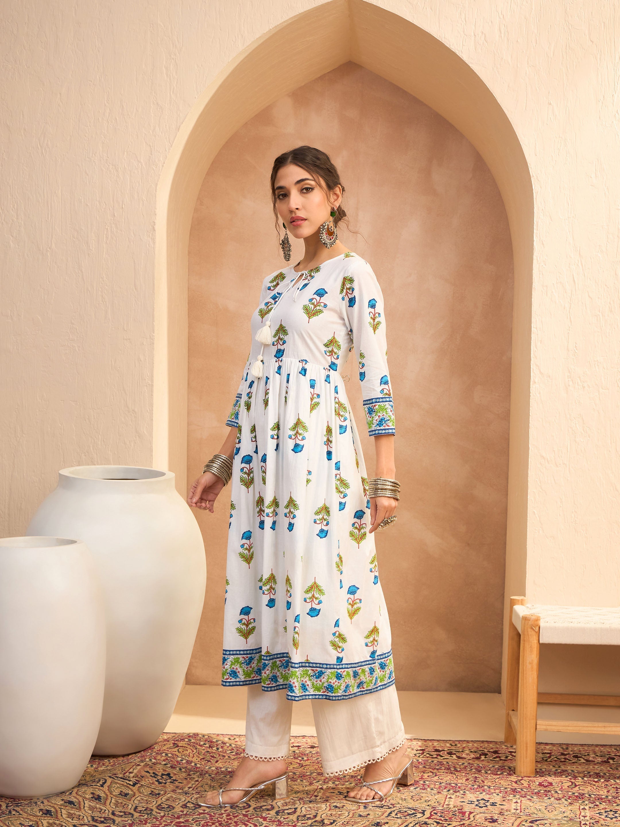 Women White Floral Front Dori Gathered Kurta With Straight Pants-SHKUR35011_SHPAN51179