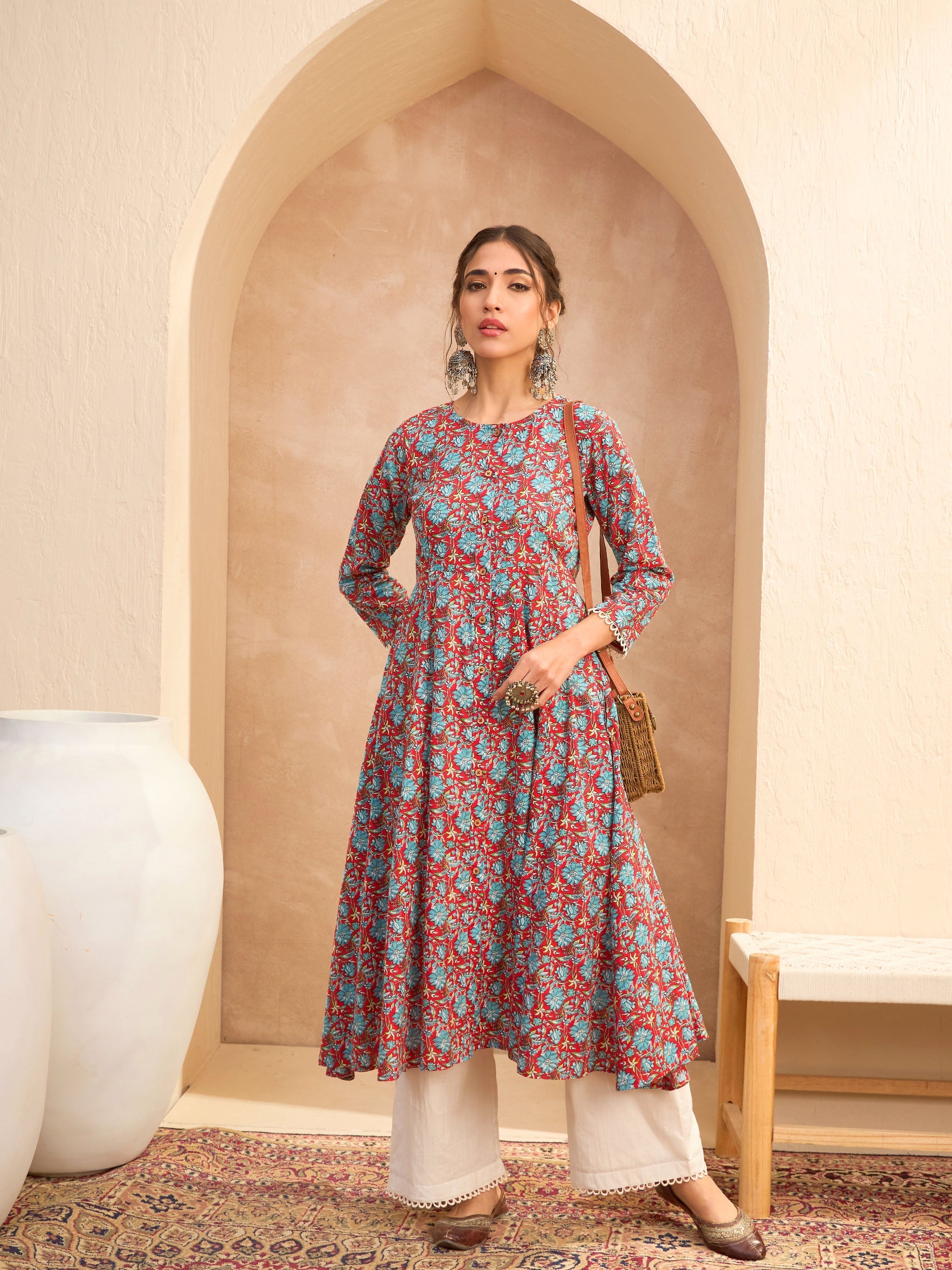 Women Red Floral Buttonned Pocket Kurta-SHKUR35012